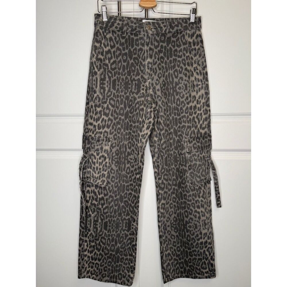 Disclosure Leopard Print Cargo Pants Womens Size 7/28 Gray Wide Leg Utility Y2K